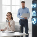 una donna che acquista online con carta di credito e un programmatore che elabora davanti ad un server